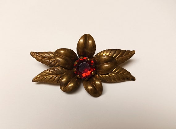 Vintage Brass Flower Red Jewel Center Brooch Lape… - image 1