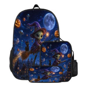 Alien Ellie Witch Backpack Set, Halloween School Bag, Insulated Lunch Bag and Pencil Case