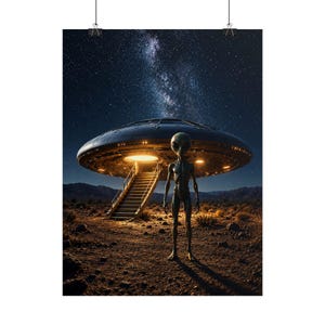 May include: A tall, slender extraterrestrial figure with a large head and dark eyes stands in a desert landscape at night. Behind the figure, a metallic, disc-shaped spacecraft with glowing yellow lights and a staircase rests on the ground.