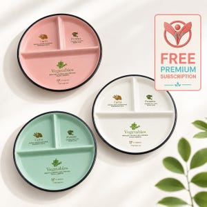 Puede incluir: Tres platos redondos divididos para control de porciones en rosa pastel, verde menta y blanco, con bordes negros y secciones impresas etiquetadas como Carbs, Proteins y Vegetables con ejemplos de alimentos. Un letrero dice FREE PREMIUM SUBSCRIPTION.