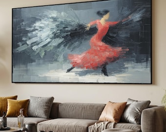 Dynamische Flamenco Tänzerin Leinwand, Rotes Kleid Wandkunst, Abstrakte Bewegung Moderner Tanz Dekor, Energetische Kunst auf Leinwand