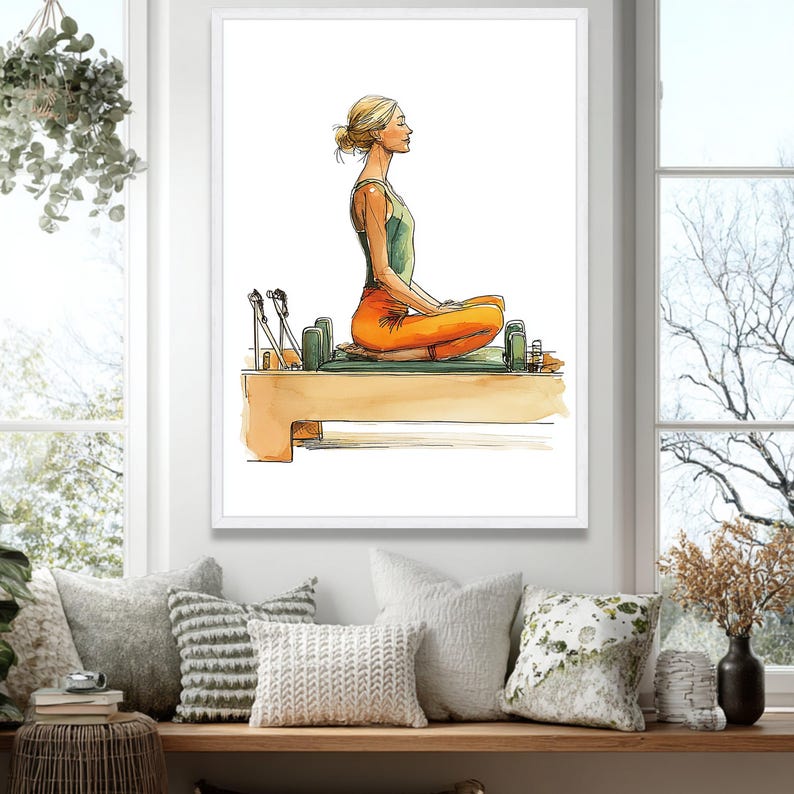 Frau meditiert auf Pilates Wenderin, Yoga Übung Leinwand, Wellness und Fitness Wand Kunst, Achtsamkeit Wohnkultur Leinwand Bild 7