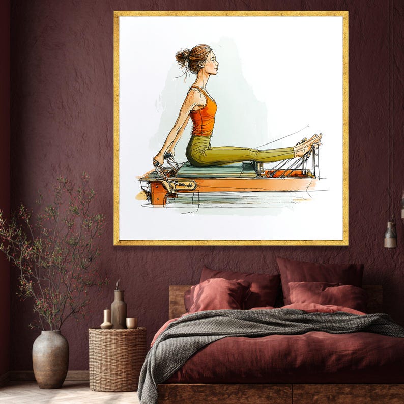 Woman Exercising on Pilates Reformer, Fitness Routine Canvas, Active Lifestyle Wall Art, Wellness Home Decor, Modern Health Illustration image 5