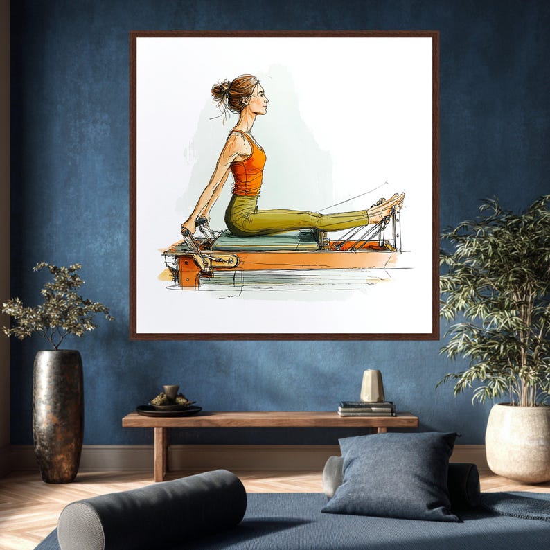 Woman Exercising on Pilates Reformer, Fitness Routine Canvas, Active Lifestyle Wall Art, Wellness Home Decor, Modern Health Illustration image 4
