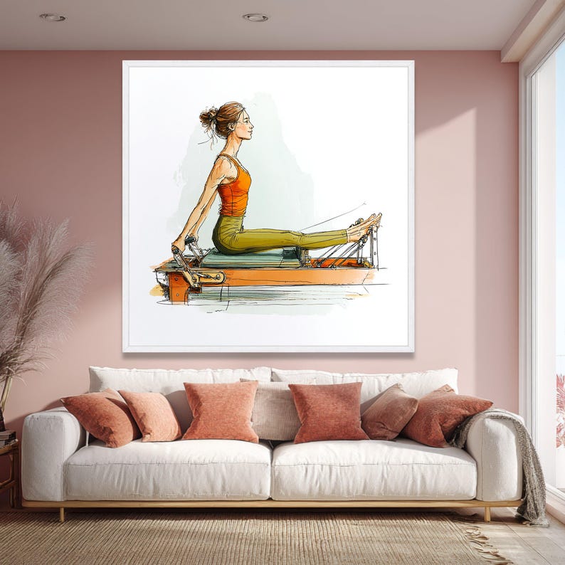 Woman Exercising on Pilates Reformer, Fitness Routine Canvas, Active Lifestyle Wall Art, Wellness Home Decor, Modern Health Illustration image 9