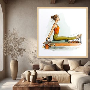 Woman Exercising on Pilates Reformer, Fitness Routine Canvas, Active Lifestyle Wall Art, Wellness Home Decor, Modern Health Illustration image 7