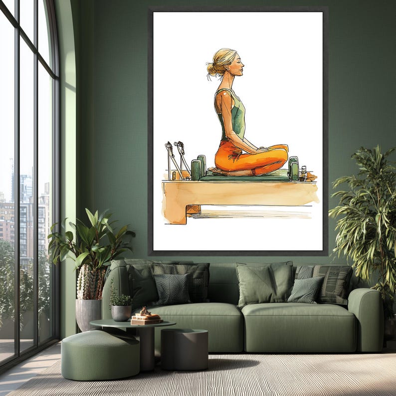Frau meditiert auf Pilates Wenderin, Yoga Übung Leinwand, Wellness und Fitness Wand Kunst, Achtsamkeit Wohnkultur Leinwand Bild 4