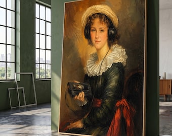 Vintage Porträt einer Frau mit Kopfhörern und Kassette Leinwand, Retro Audio Wandkunst, klassische Stil Wohnkultur, Musikliebhaber Geschenk Leinwand
