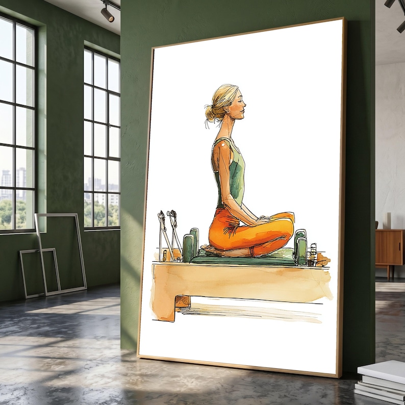 Frau meditiert auf Pilates Wenderin, Yoga Übung Leinwand, Wellness und Fitness Wand Kunst, Achtsamkeit Wohnkultur Leinwand Bild 1