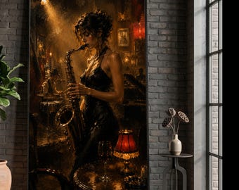 Elegant Jazz Musician Canvas, Saxophone Lady Wall Art, Vintage Club Scene Canvas, Musical Instrument Decor, Nightlife Ambiance Wall Art