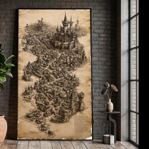 Vintage Fantasy City Map Canvas, Medieval Castle Wall Art, Antique Style Urban Landscape, Historic Architecture Canvas Decoration