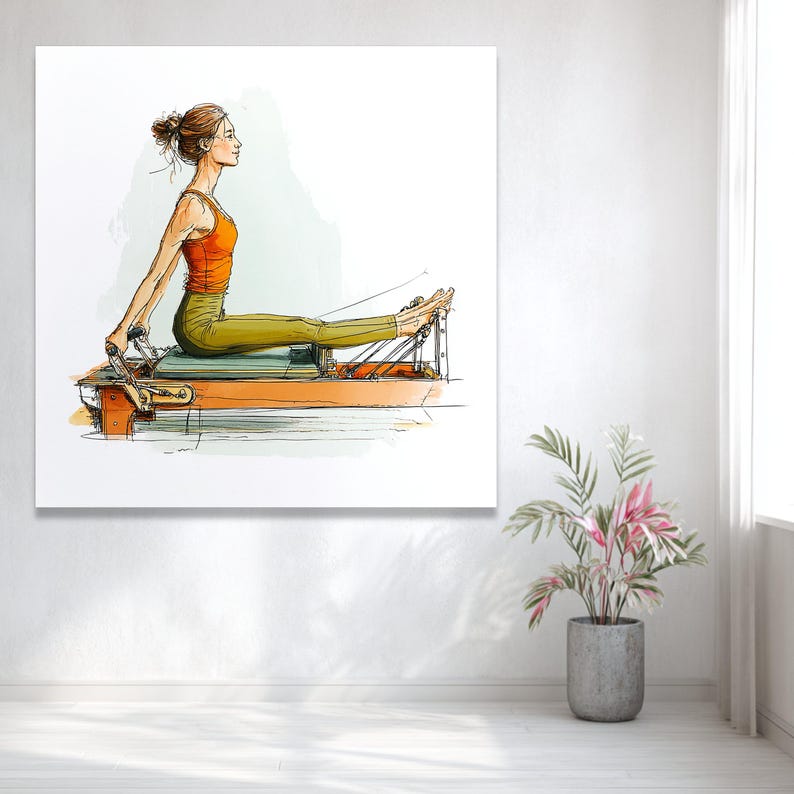 Woman Exercising on Pilates Reformer, Fitness Routine Canvas, Active Lifestyle Wall Art, Wellness Home Decor, Modern Health Illustration image 8