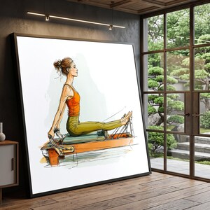 Woman Exercising on Pilates Reformer, Fitness Routine Canvas, Active Lifestyle Wall Art, Wellness Home Decor, Modern Health Illustration image 2