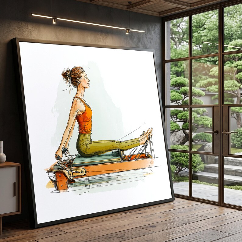 Woman Exercising on Pilates Reformer, Fitness Routine Canvas, Active Lifestyle Wall Art, Wellness Home Decor, Modern Health Illustration image 2