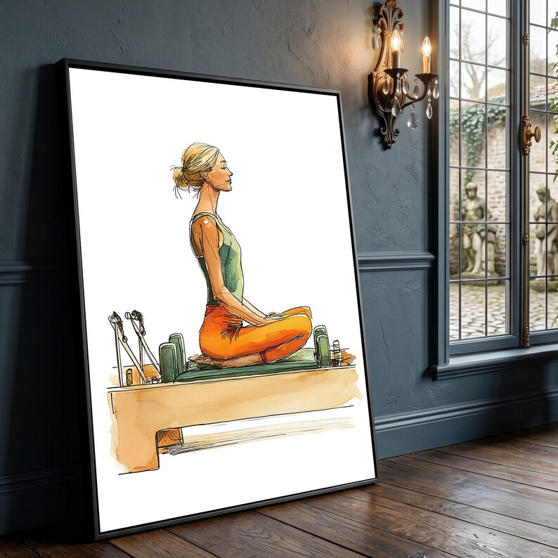Frau meditiert auf Pilates Wenderin, Yoga Übung Leinwand, Wellness und Fitness Wand Kunst, Achtsamkeit Wohnkultur Leinwand Bild 2