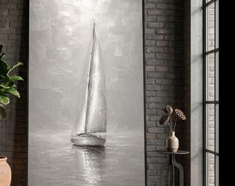 Silver Sailboat Canvas Wall Art, Nautical Seascape Canvas, Minimalist Yacht Coastal Home Decoration, Reflective Water Print