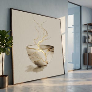 May include: A square wall art piece featuring a beige background with a central illustration of a bowl. The bowl is depicted with dark gray cracks filled with gold, and thin, wispy gold lines rise from the bowl like steam or smoke.