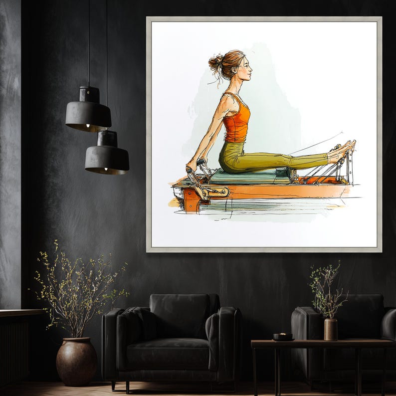 Woman Exercising on Pilates Reformer, Fitness Routine Canvas, Active Lifestyle Wall Art, Wellness Home Decor, Modern Health Illustration image 3