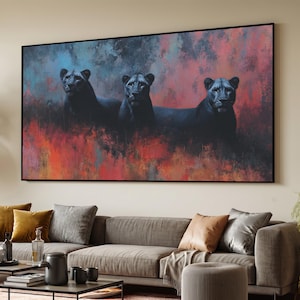 Lienzo con el majestuoso trío de panteras negras, arte mural de animales salvajes, lienzo con una impactante escena de la naturaleza, fondo colorido y dramático, decoración moderna para el hogar.