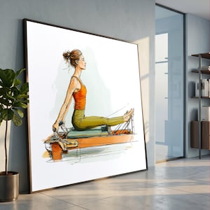 Woman Exercising on Pilates Reformer, Fitness Routine Canvas, Active Lifestyle Wall Art, Wellness Home Decor, Modern Health Illustration image 1