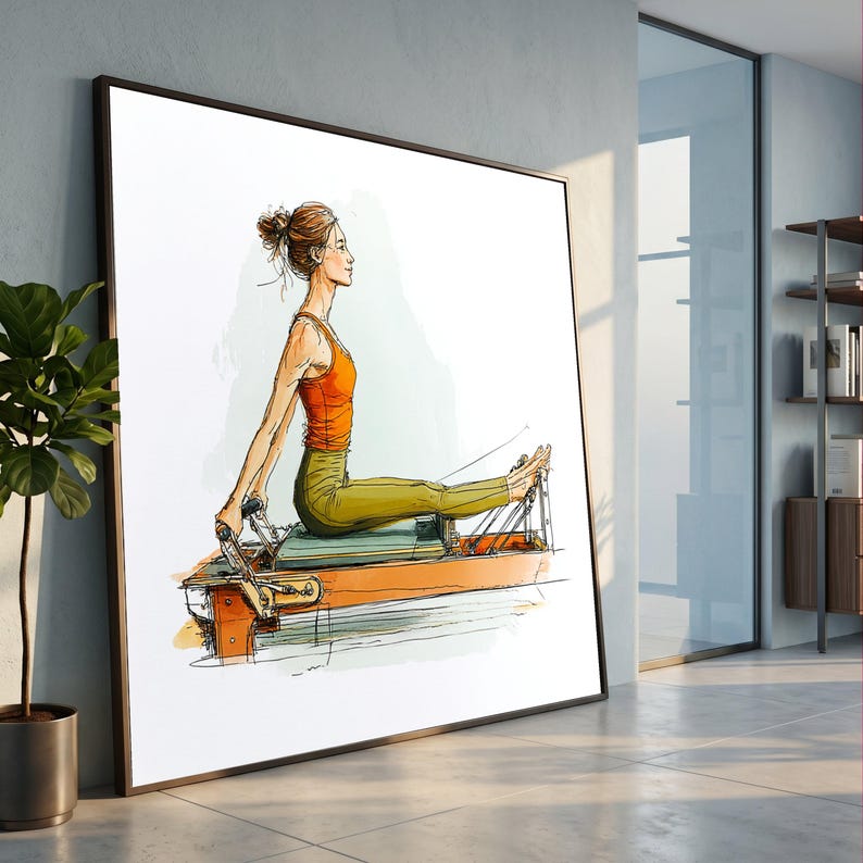 Woman Exercising on Pilates Reformer, Fitness Routine Canvas, Active Lifestyle Wall Art, Wellness Home Decor, Modern Health Illustration image 1