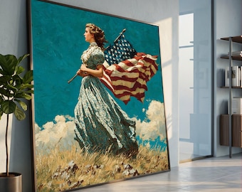 Patriotic Woman Holding American Flag Canvas, Vintage Style Wall Art, Historic Americana Decoration, Country Landscape Canvas