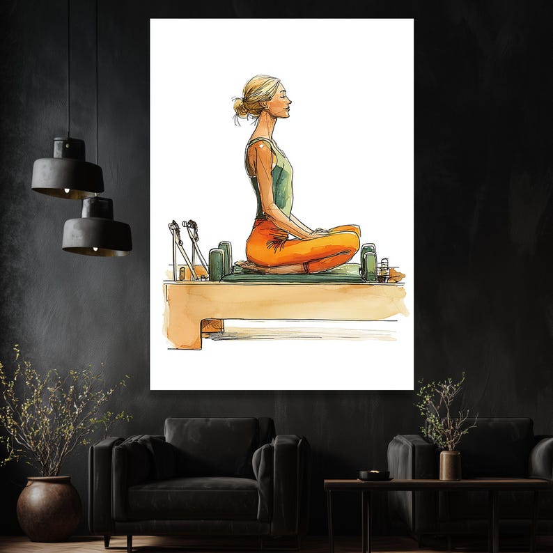 Frau meditiert auf Pilates Wenderin, Yoga Übung Leinwand, Wellness und Fitness Wand Kunst, Achtsamkeit Wohnkultur Leinwand Bild 6