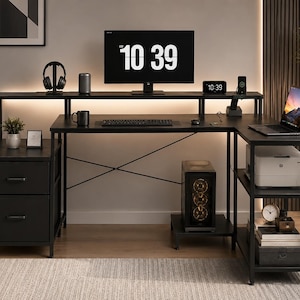 75" Reversible L-Shaped Computer Desk with Power Outlet, LED Lights, Fabric Drawers & Storage Shelf for Home Office Gaming Workstation