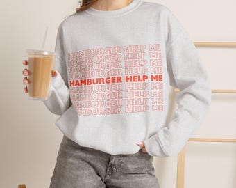 Hamburger Help Me Sweatshirt | Repeated Text Graphic, Minimal Red White Design