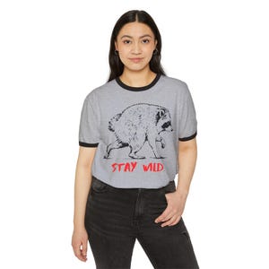 Jimothy Raccoon Ringer Tee, Stay Wild T-Shirt, Retro Baseball Style Shirt, Vintage Graphic Tee, Camping Hiking Nature Shirt Cottagecore Gift image 3
