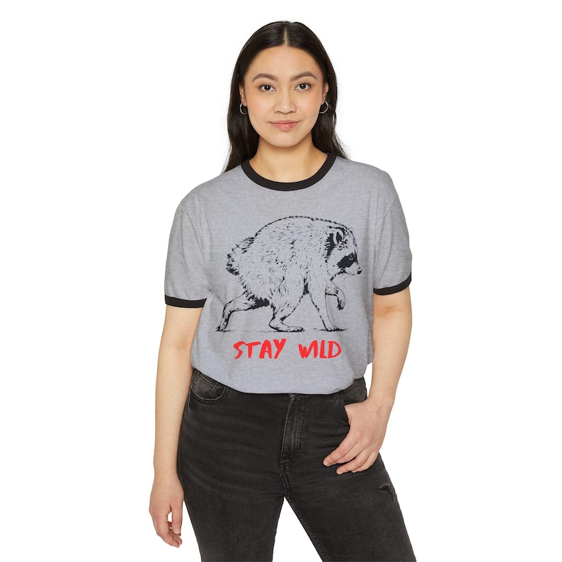 Jimothy Raccoon Ringer Tee, Stay Wild T-Shirt, Retro Baseball Style Shirt, Vintage Graphic Tee, Camping Hiking Nature Shirt Cottagecore Gift image 3