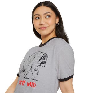 Jimothy Raccoon Ringer Tee, Stay Wild T-Shirt, Retro Baseball Style Shirt, Vintage Graphic Tee, Camping Hiking Nature Shirt Cottagecore Gift image 5