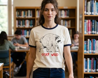 Jimothy Raccoon Ringer Tee, Stay Wild T-Shirt, Retro Baseball Style Shirt, Vintage Graphic Tee, Camping Hiking Nature Shirt Cottagecore Gift
