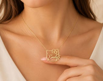 14K Gold Plated Kitty Name Necklace Custom Cat Lover Gift Personalized Nameplate Jewelry Kitty Face Name Necklace Pet Lover Kawaii Pendant