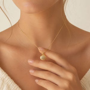 Pode incluir: Um colar de tom dourado com uma corrente delicada e um pequeno pingente de concha texturizada. O pingente tem o formato de uma concha em leque com sulcos verticais, suspenso por uma corrente de elos simples sobre a clavícula.