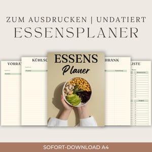 Può includere: Un set di modelli per pianificatore di pasti in formato A4 con il testo tedesco ZUM AUSDRUCKEN UNDATIERT ESSENSPLANER. La copertina mostra una ciotola con ceci, avocado e barbabietole, mentre le altre pagine includono liste per l'inventario.