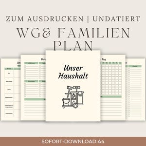 Peut inclure: Un ensemble de pages de planning ménager imprimables et non datées sur fond crème avec des accents vert sauge. La page centrale affiche le texte Unser Haushalt au-dessus d'une icône noire représentant un chariot de ménage avec accessoires.