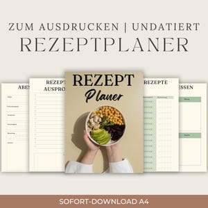 May include: A printable, undated recipe planner featuring multiple page layouts. The cover displays the text REZEPT PLANER above a bowl of food. Interior pages include sections for meal planning, ingredient lists, and ratings with star icons.