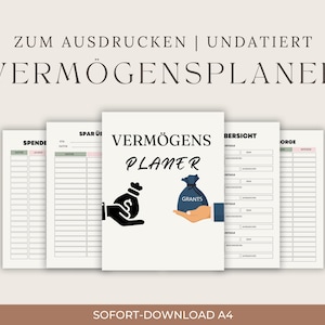 Könnte beinhalten: Ein Stapel undatierter Finanzplaner-Seiten mit dem Text "VERMÖGENSPLANER" und "PLANER". Die Seiten enthalten Abschnitte für Ersparnisse, Spenden und Übersichten. Das Bild enthält auch den Text "ZUM AUSDRUCKEN | UNDATIERT" und "SOFORT-DOWNLOAD A4".