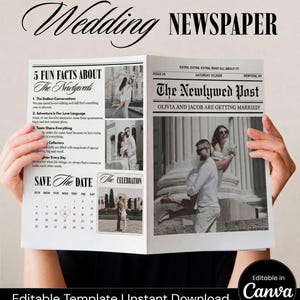May include: A wedding newspaper template titled The Newlywed Post featuring black and white photographs of a couple, a 5 Fun Facts About The Newlyweds section, and a Save The Date calendar. The layout includes text headers and placeholders for images.