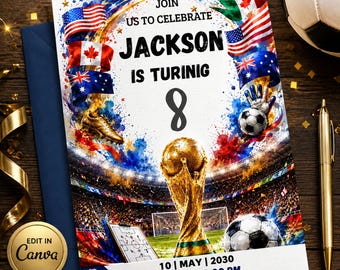 May include: A rectangular birthday invitation card featuring a soccer theme with a gold trophy, soccer balls, and international flags. The text reads: JOIN US TO CELEBRATE JACKSON IS TURINIG 8, 10 MAY 2030, 5:00 PM - 6:00 PM, 123 ANYWHERE ST., ANY CITY, ST 12345.