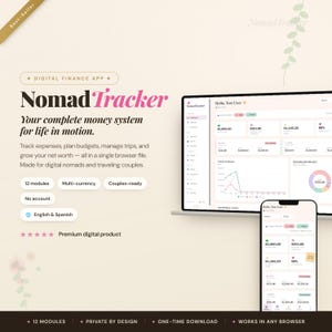 May include: A digital finance app titled NomadTracker displayed on a laptop and smartphone screen. The interface shows financial dashboards with charts, expense tracking, and budget planning tools. Text includes 12 modules, multi-currency, and couples-ready features.