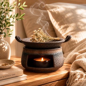 May include: A dark, textured ceramic oil burner with two side handles, featuring a lit tea light candle in the base and a shallow bowl on top containing a bundle of dried white flowers with visible wisps of smoke rising into the air.
