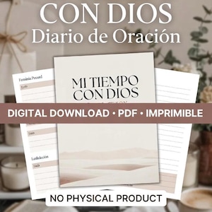 Peut inclure: Un journal de prière numérique intitulé MI TIEMPO CON DIOS avec une couverture beige illustrée d'un paysage désertique. Le document contient des pages lignées avec des sections pour Temas, Lectura et Vida. Texte : DIGITAL DOWNLOAD PDF.