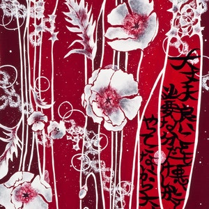 May include: A red and white abstract painting with white flowers and black Japanese calligraphy. The calligraphy reads "The most beautiful flower is the one that blooms in the most difficult place".