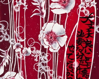 Neo-Japonism Art, japanese calligraphy, red white flowers, original poem, Limited Edition Fine Art Print A4 8,5x11"