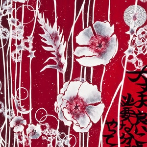 May include: A red background with white floral designs and black Japanese characters. The flowers are stylized poppies with white petals and red centers. The characters are in a vertical column and read "女性".