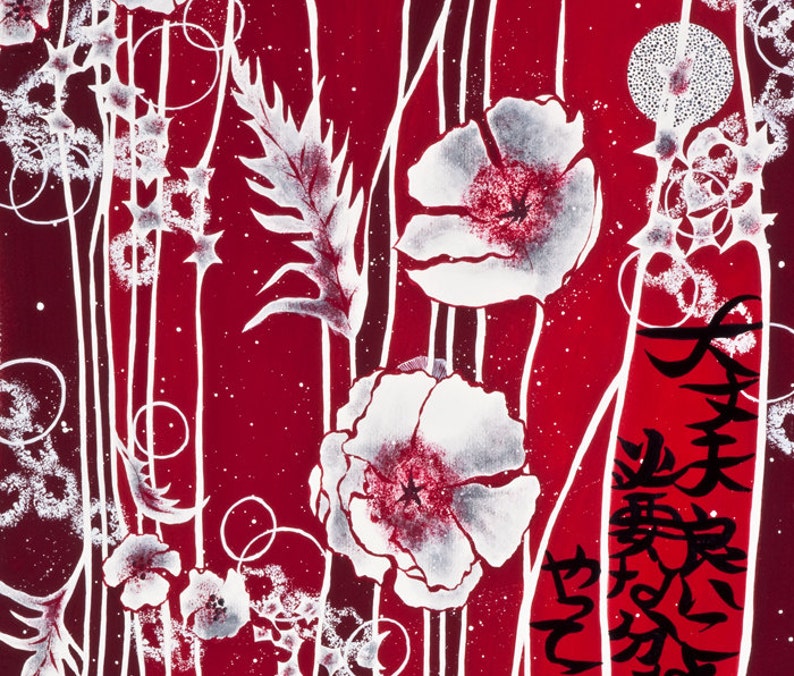 May include: A red background with white floral designs and black Japanese characters. The flowers are stylized poppies with white petals and red centers. The characters are in a vertical column and read "女性".