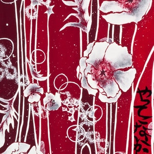 May include: A red background with white flowers and stems. The flowers have a white outline and a red center. The stems are thin and have a white outline. The background is covered in small white dots.