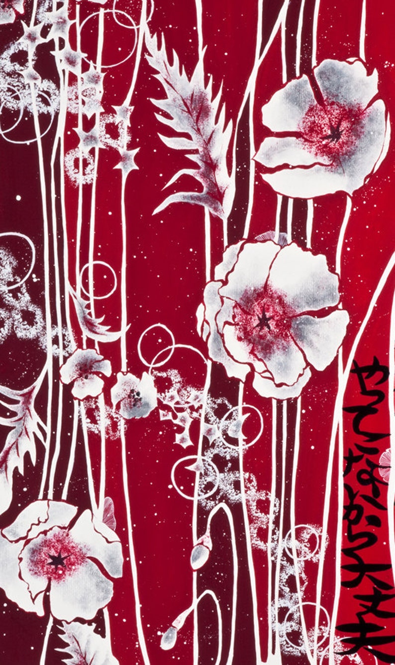 May include: A red background with white flowers and stems. The flowers have a white outline and a red center. The stems are thin and have a white outline. The background is covered in small white dots.